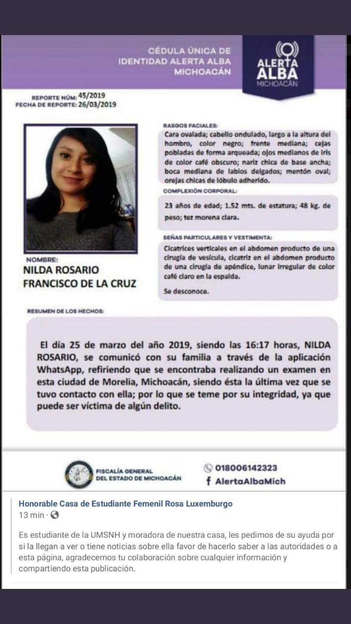 Buscan a moradora de casa de estudiante desaparecida en Morelia